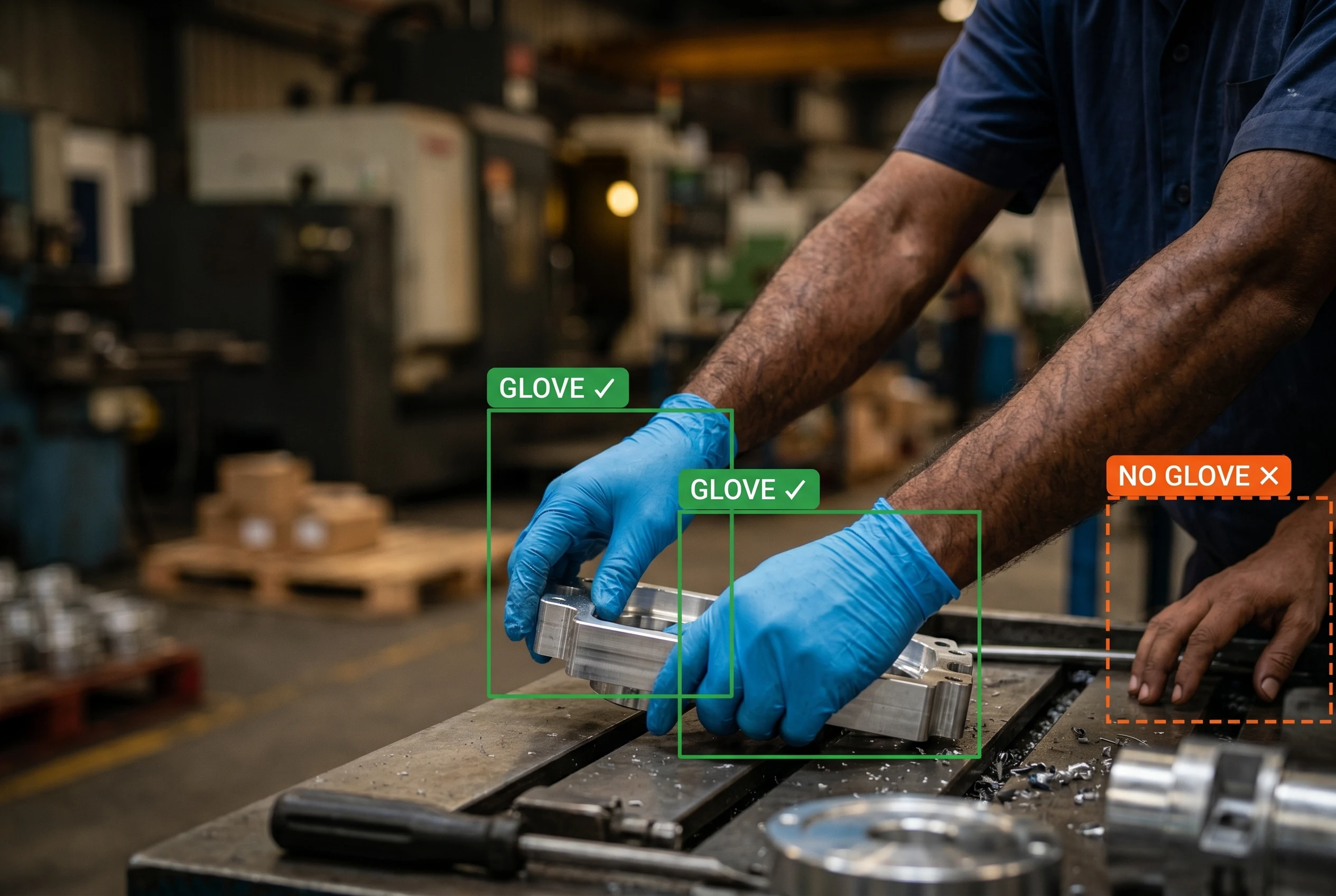 AI detecting gloves on both hands of a worker